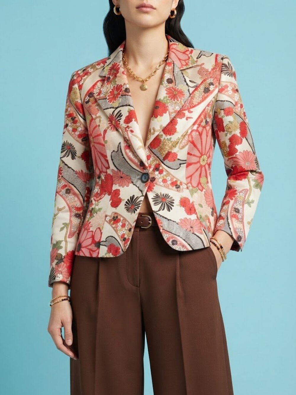 70's Style Floral Patterned Blazer Jacket